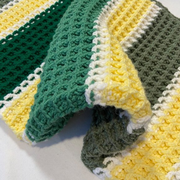 Handmade Crochet striped Blanket Green Yellow White Waffle Soft Warm throw - Picture 1 of 12